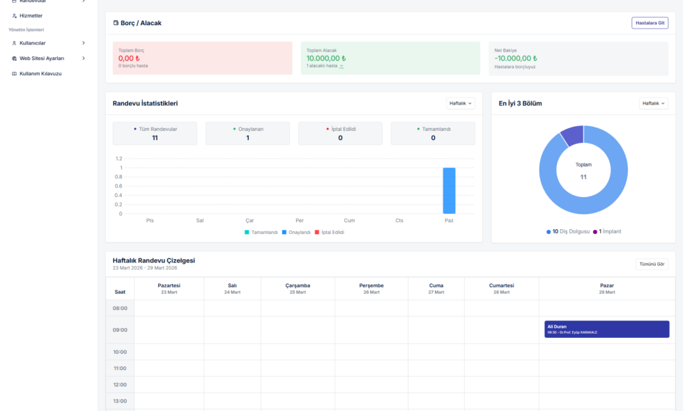 E-Klinik Randevu Sistemi Özellikleri
📅 1. Online Klinik Randevu Programı
E-Klinik ile hastalarınız internet üzerinden kolayca randevu oluşturabilir.
Sistem, doktor, hizmet ve çalışma saatlerine göre otomatik planlama yapar ve çakışmaları önler.🧭 2. Akıllı Randevu Sihirbazı
Adım adım ilerleyen randevu oluşturma sistemi sayesinde kullanıcılar:Doktor ve hizmet seçer
Randevu tipini belirler
Tarih ve saat seçer
Randevuyu onaylarBu yapı, hatasız ve hızlı randevu oluşturma deneyimi sunar.