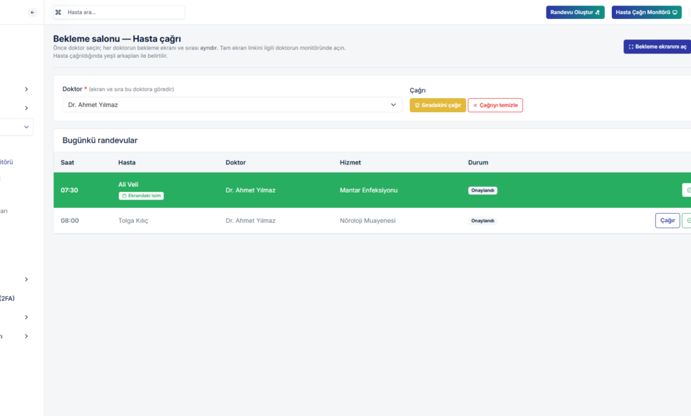 Randevu Sistemi Hasta Çağırma Ekranı