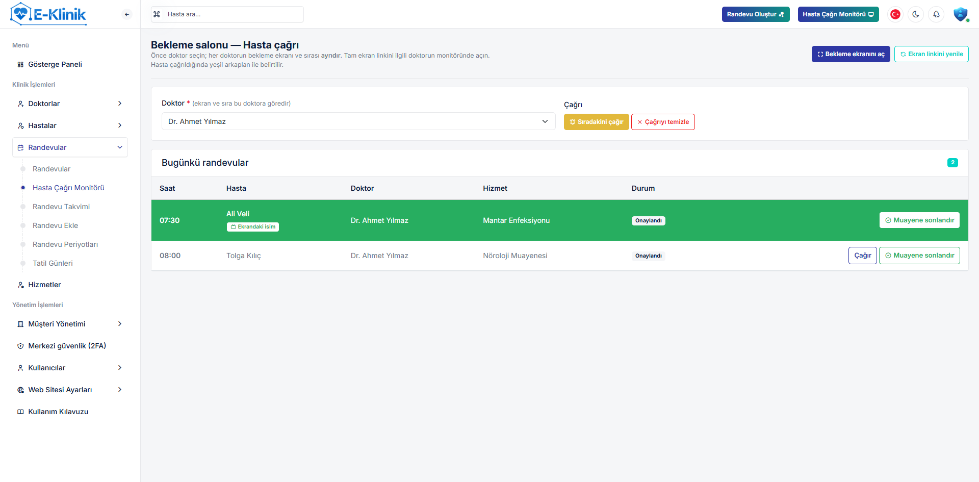 Randevu Sistemi Hasta Çağırma Ekranı